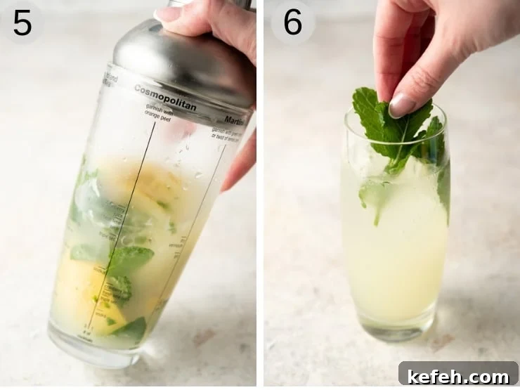 Two step by step photos of making a limoncello mojito with mint