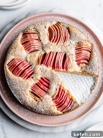 An almond cake dusted with powdered sugar.