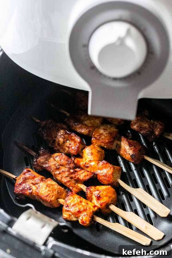 Crispy Air Fryer Chicken Satay with Peanut Dipping Sauce 2 Chicken satay in an Air Fryer. A great alternative for barbecue satay. A grill pan is used to roast the satay to perfection.