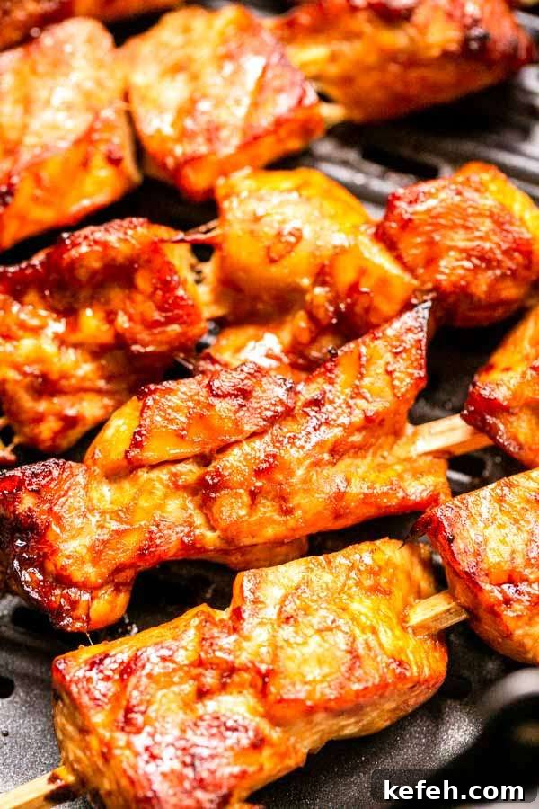 Crispy Air Fryer Chicken Satay with Peanut Dipping Sauce 6 Close up of tasty chicken satay that is grilled in an Air Fryer. The satay is roasted perfectly.