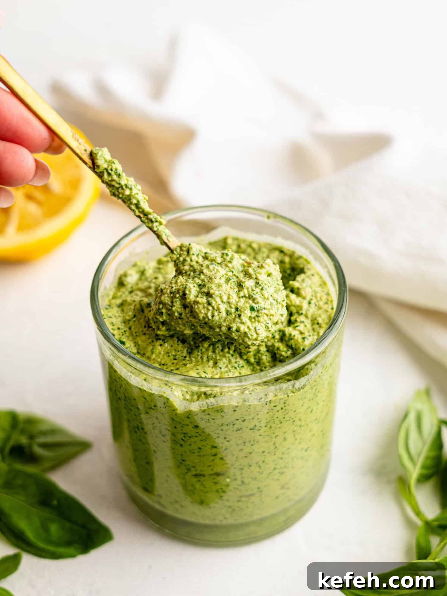 Sunflower Seed Basil Pesto Recipe — Nutritious Homemade Sauce 5 Pesto with sunflower seeds in a glass.