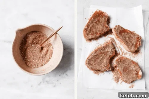 spices in a bowl and raw pork chops with dry spices