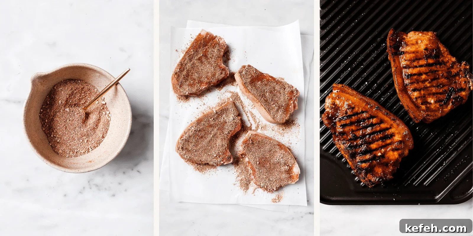 Left: a bowl of seasonings. Center: seasoned pork chops. Right: pork chops on a grill.