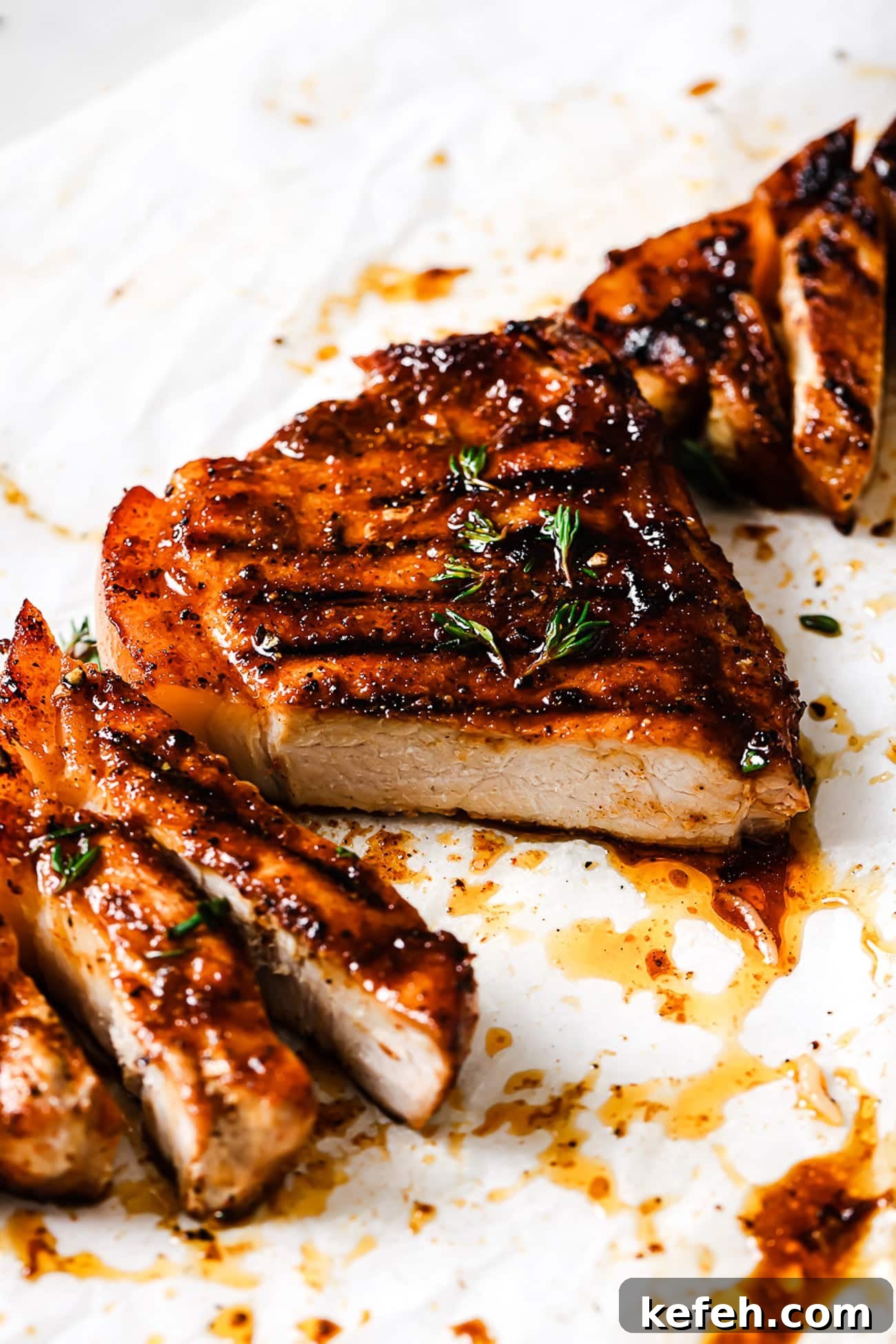 Grilled pork chops sliced and garnished with fresh thyme.