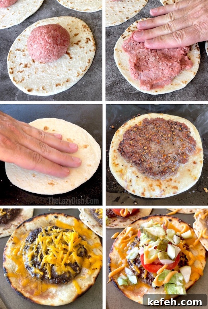 Step by Step tutorial on how to make Smash Burger Tacos. First, smash raw ground beef onto small taco sized flour tortillas and sprinkle with desired seasoning. Second, cook on a griddle with the meat side down. Third, flip and top with shredded cheese. Once cooked through, top with Big Mac sauce and your favorite burger toppings such as fresh lettuce and tomato. Eat like a taco and enjoy this yummy meal!