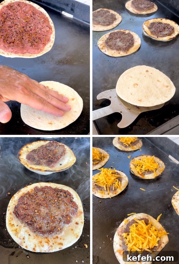 Step-by-step pictorial cooking smash burger tacos featuring ground beef smashed onto flour tortillas and cooked on a hot griddle with shredded cheese added last. 