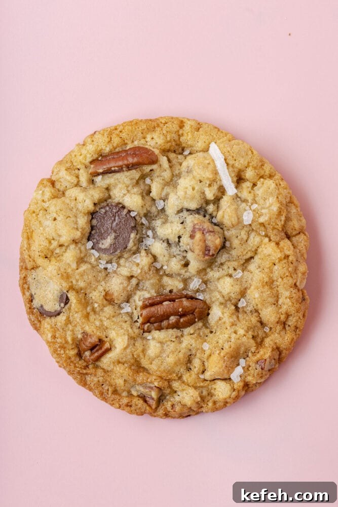 Chewy Cowboy Cookies with Oats, Chocolate & Pecans 13 picture of a chocolate chip and oatmeal cookie with butterscotch chips, pecans, coconuts, and salt on top