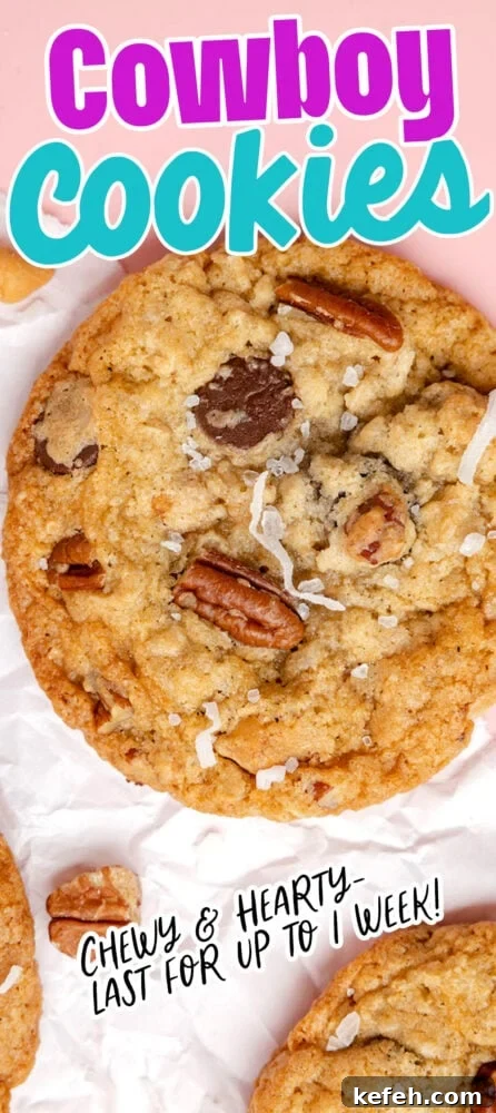 Chewy Cowboy Cookies with Oats, Chocolate & Pecans 23 picture of a chocolate chip and oatmeal cookie with butterscotch chips, pecans, coconuts, and salt on top