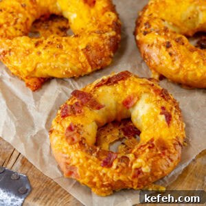 Loaded Stuffed Bagel Recipes: Creative Fillings and Toppings 13 square crop of bagels covered with baked on cheddar cheese and bacon pieces.