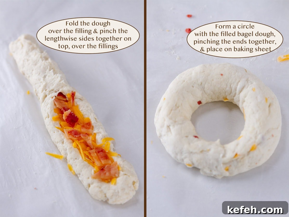 Loaded Stuffed Bagel Recipes: Creative Fillings and Toppings 7 pinching dough over fillings in bagel on left and dough made into a round on right.