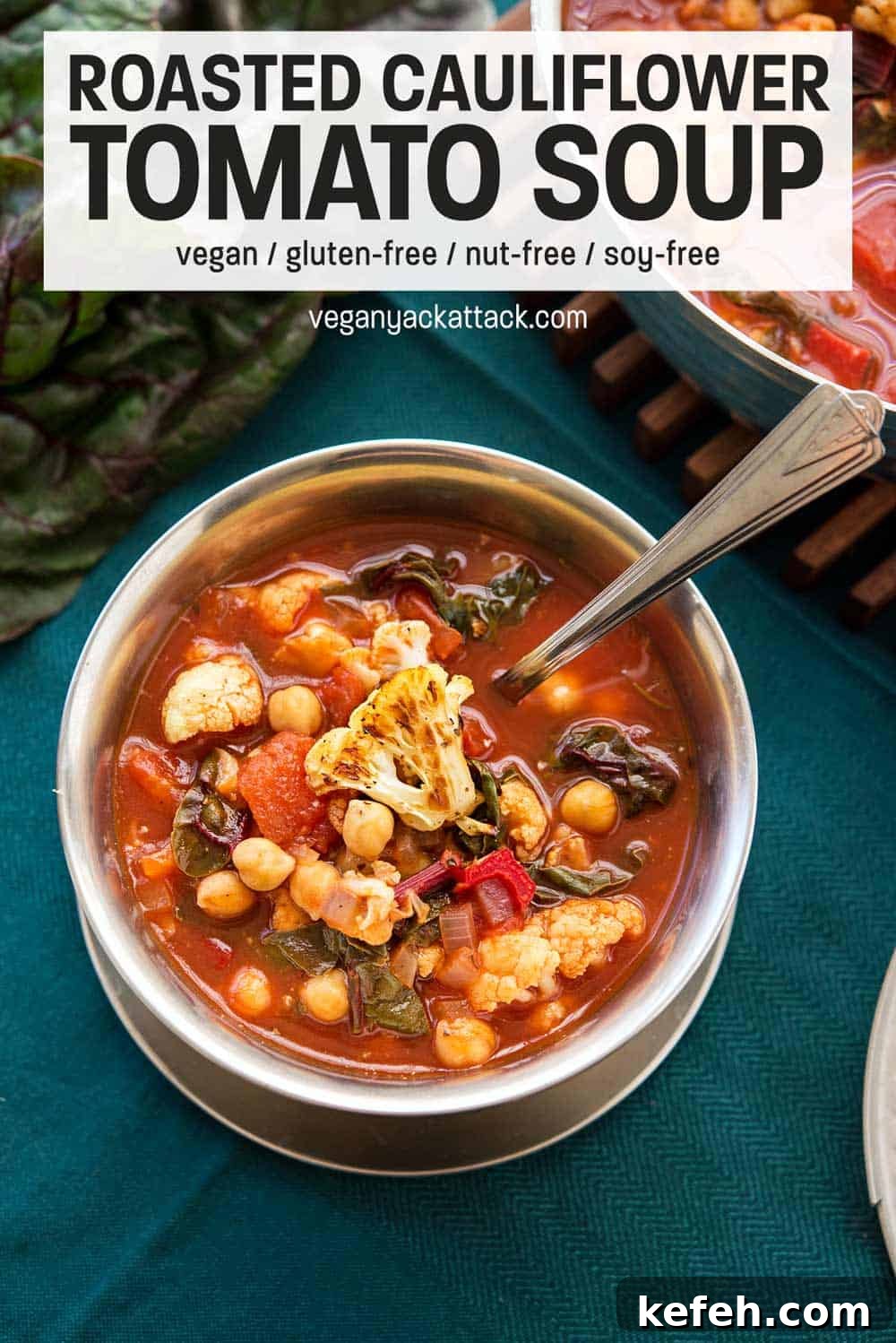 This Roasted Cauliflower Tomato Soup is the perfect weekday meal! Healthy, Quick-to-make, and most importantly delicious! A bowl of Roasted Cauliflower Tomato Soup next to a large pot of soup and chard