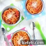 A super simple recipe for spaghetti and tomato sauce, perfect to whip up for a quick and easy kid-friendly meal!