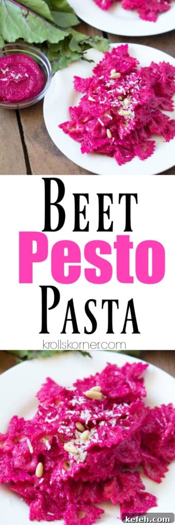 Creamy Beet Pesto Pasta with Goat Cheese and Walnuts 2 a bowl of pasta covered with beet pesto