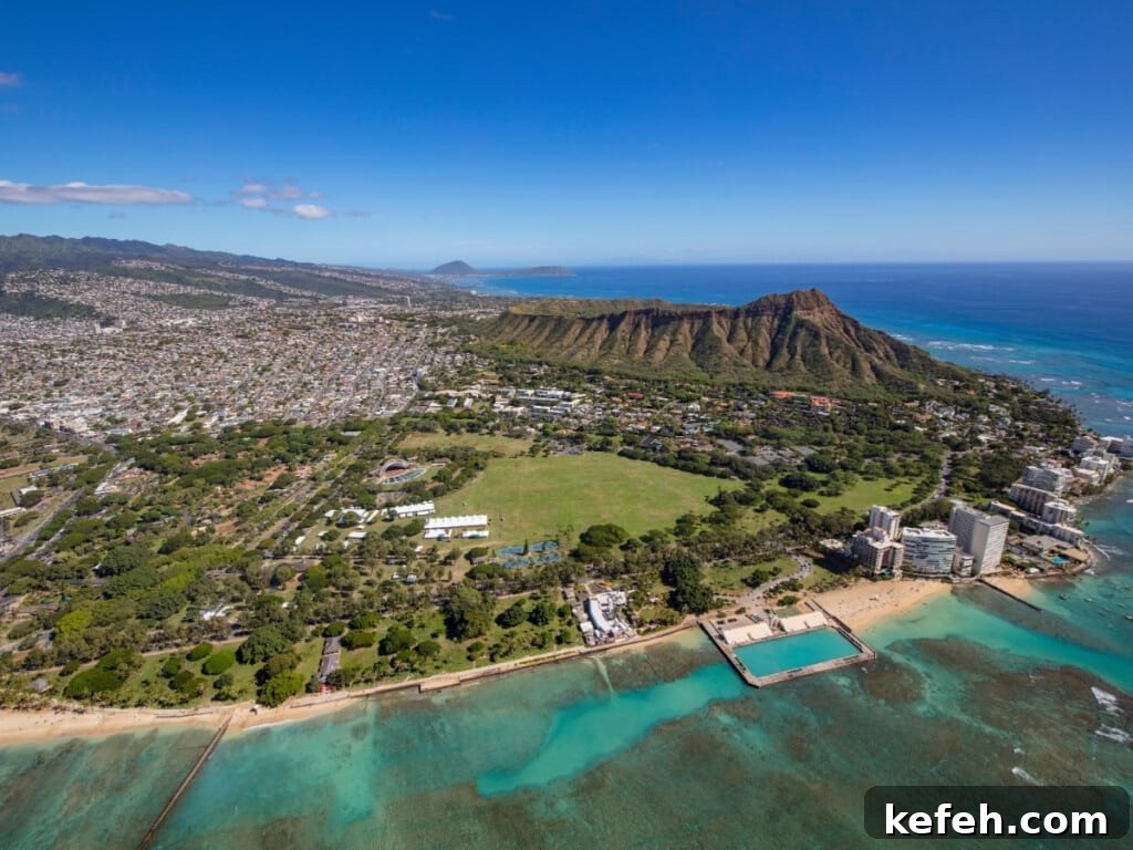 100+ Waikīkī Activities: Local Favorites and Insider Tips 15 Aerial view of Kapiolani Park, Waikīkī with Diamond head in the background.