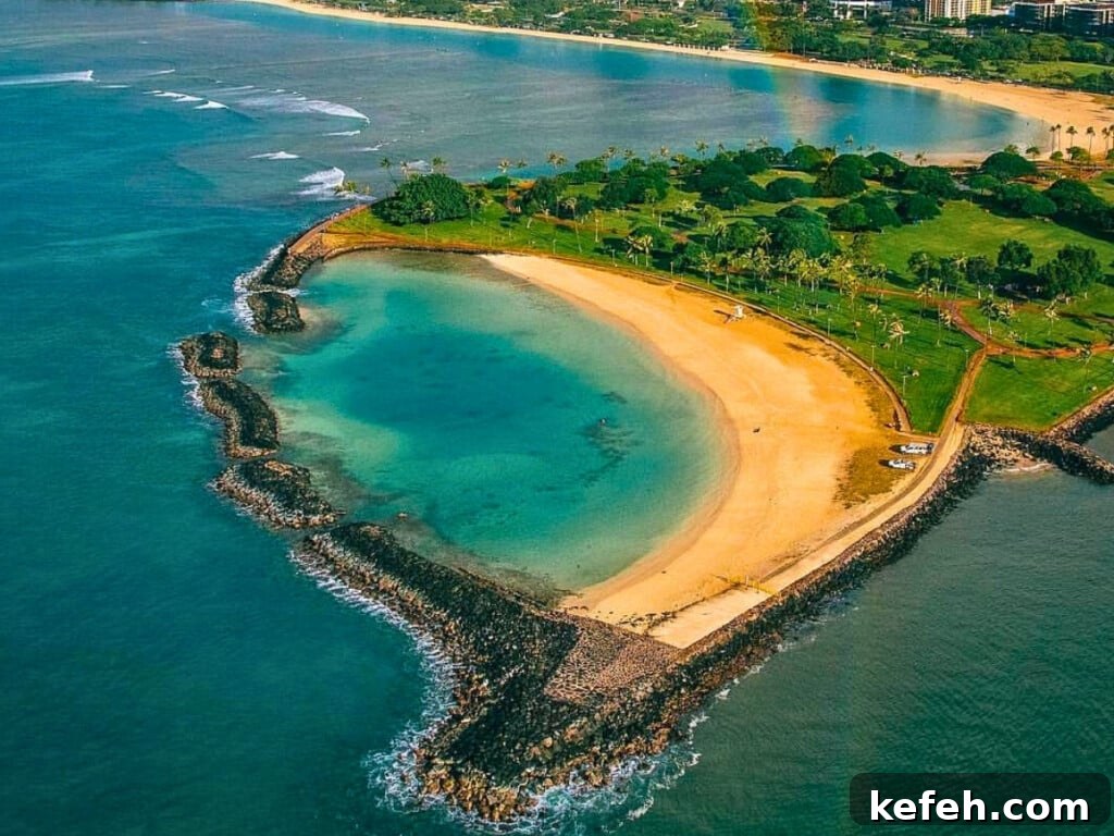 100+ Waikīkī Activities: Local Favorites and Insider Tips 3 Aerial view of Ala Moana Beach Park and Magic Island.