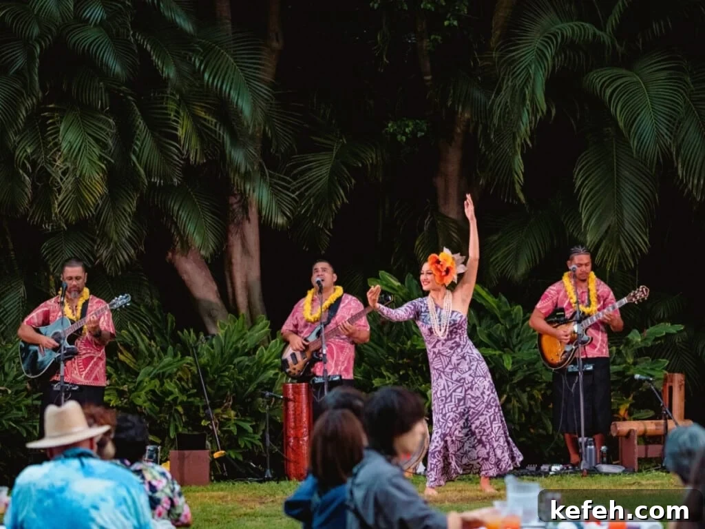 100+ Waikīkī Activities: Local Favorites and Insider Tips 4 Pre-show performance at Waikiki Starlight Luau: Ocean Lawn, featuring hula dancer and a Hawaiian band in colorful aloha shirts and lei playing live music surrounded by tropical greenery.