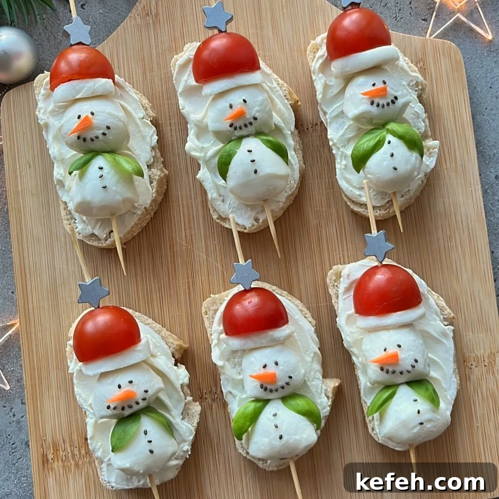 Christmas Party Appetizer Ideas to Impress Your Guests 2 Six slices of bread topped with cream cheese and mozzarella balls shaped like snowmen using cherry tomatoes for hats and veggies for details are beautifully arranged on a wooden board.