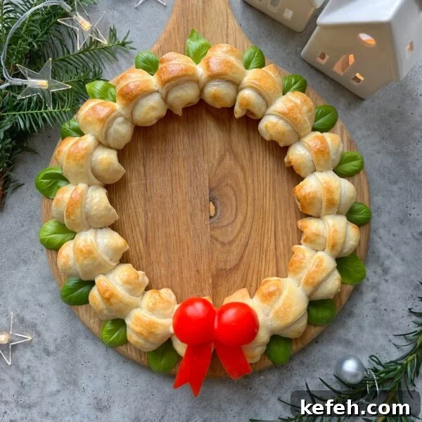 Christmas Party Appetizer Ideas to Impress Your Guests 8 A Sausage Roll Wreath decorated with basil leaves and a red pepper bow, arranged on a wooden board with festive decor in the background.