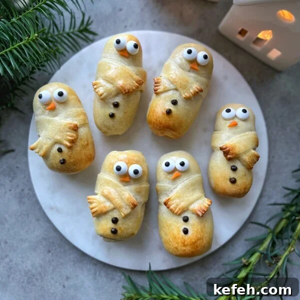 Christmas Party Appetizer Ideas to Impress Your Guests 9 Six cute Christmas Sausage Rolls decorated as snowmen with candy eyes, orange candy noses, and chocolate buttons, arranged on a round white plate with greenery and a lit white house decoration nearby.