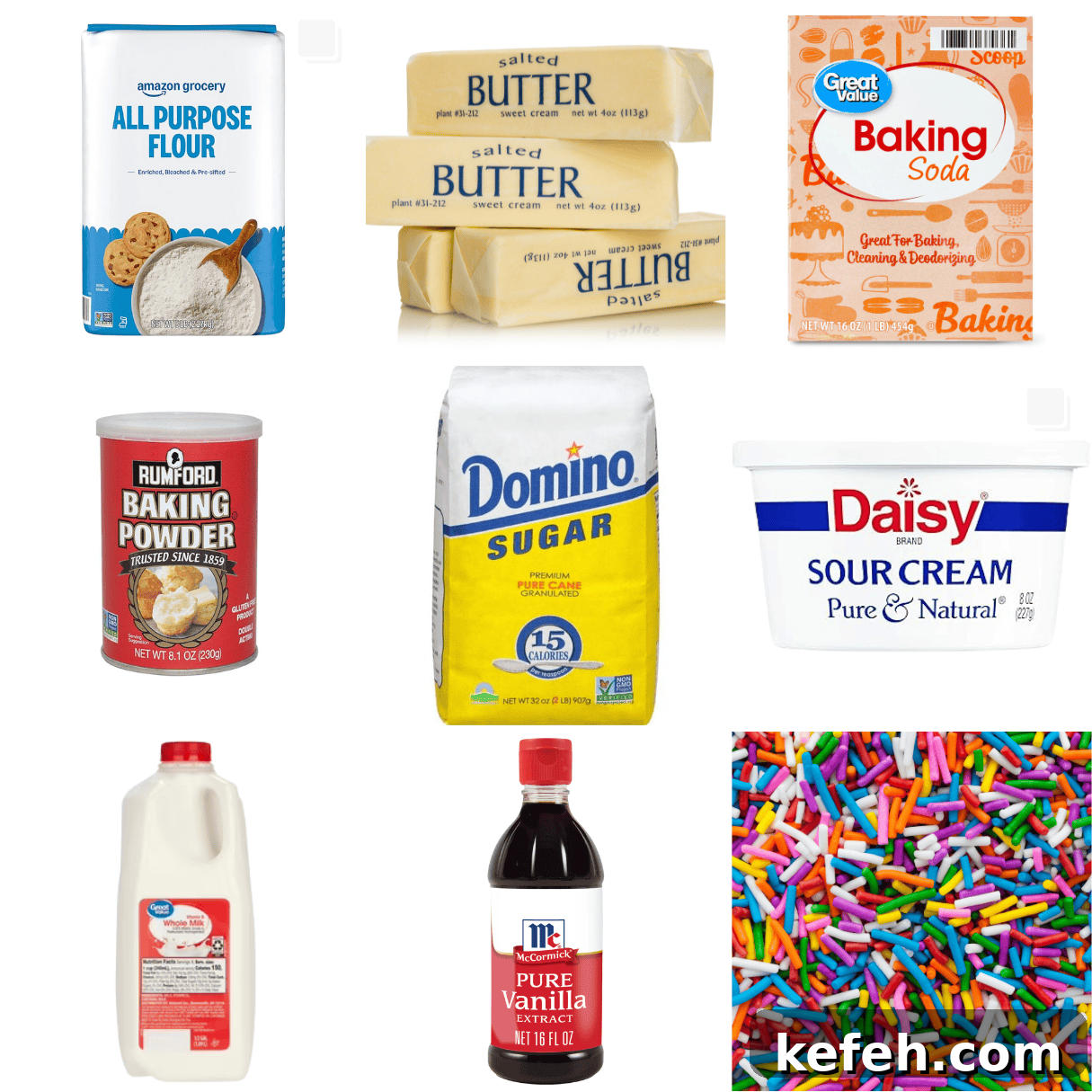 ingredients including flour, butter, baking soda/powder, sugar, sour cream, milk, vanilla, and sprinkles. 