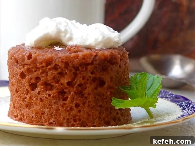 321 Microwave mug cake on a plate with whipped cram and sprig of mint