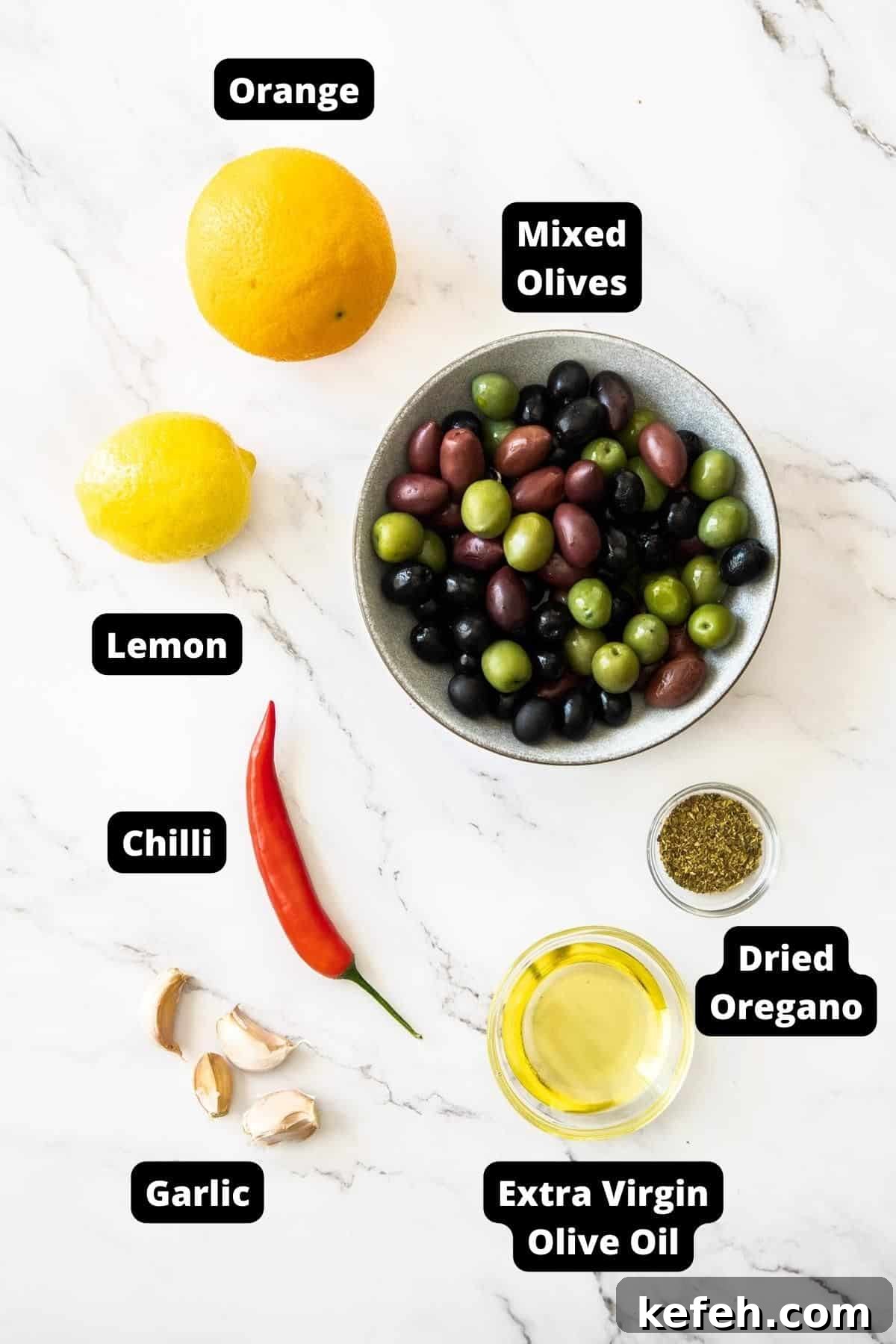 Ingredients in this recipe on a white marble background.