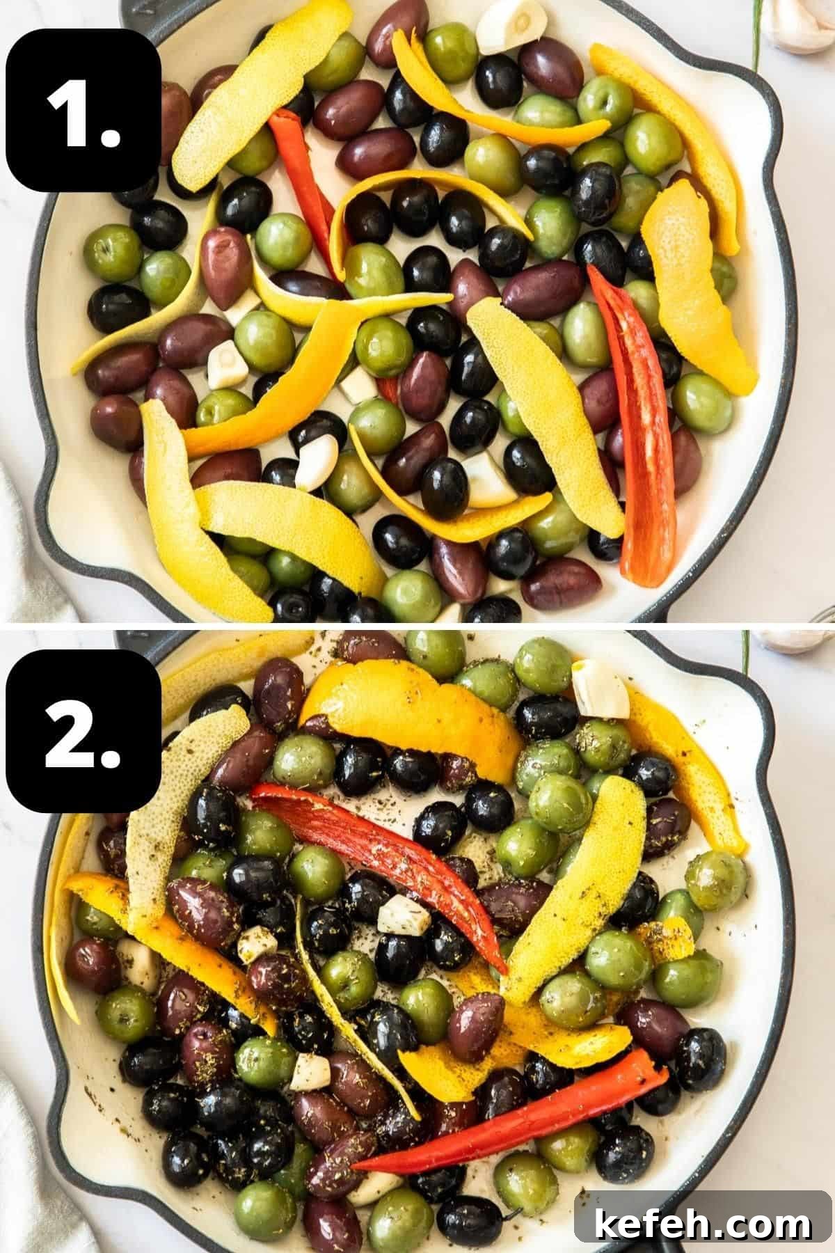 Steps 1-2 of preparing this recipe - the olives and peel in a baking dish, and the olives with oregano ready for the oven.