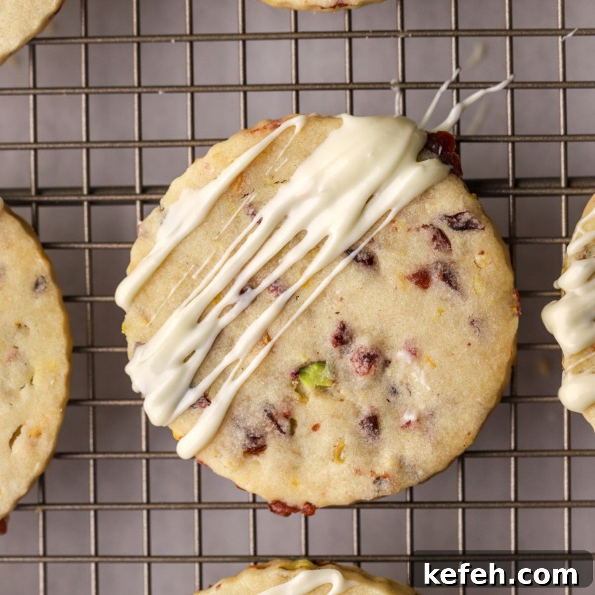 Cranberry Shortbread Cookies Recipe — Buttery Holiday Treat 2 Cranberry shortbread cookies on a rack drizzled with white chocolate.