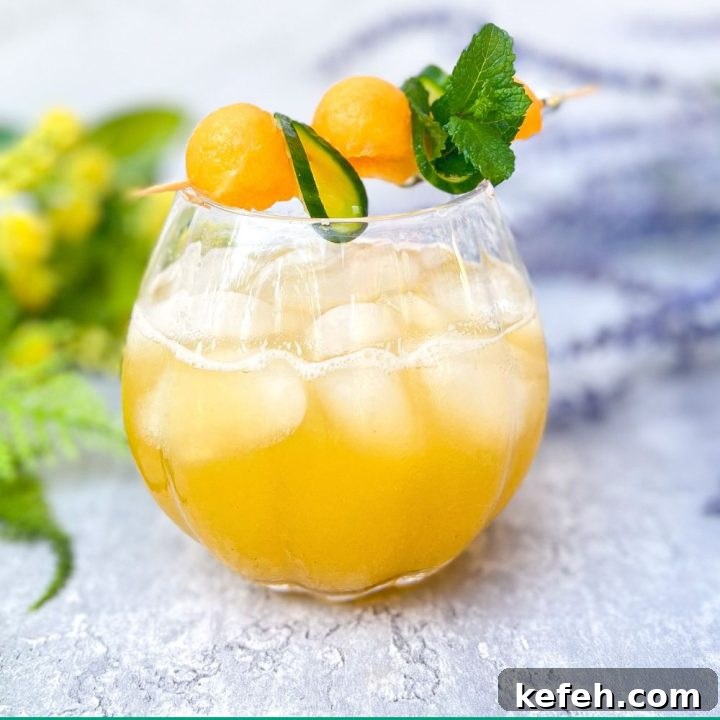 a glass of cucumber melon water aka cucumber cantaloupe agua fresca garnished with melon balls, cucumber ribbons and mint leaves