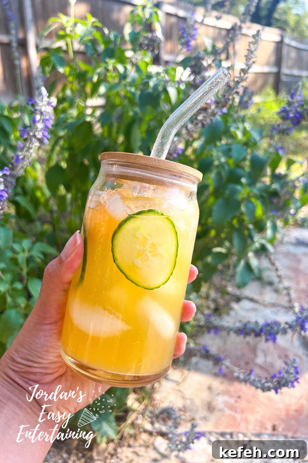 cucumber melon water in a glass can with bamboo lid for a quick grab and go drink