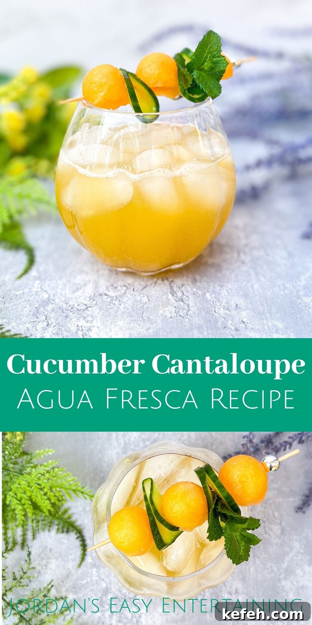a glass of cucumber cantaloupe agua fresca with a garnish of mint, cucumber slices and melon balls