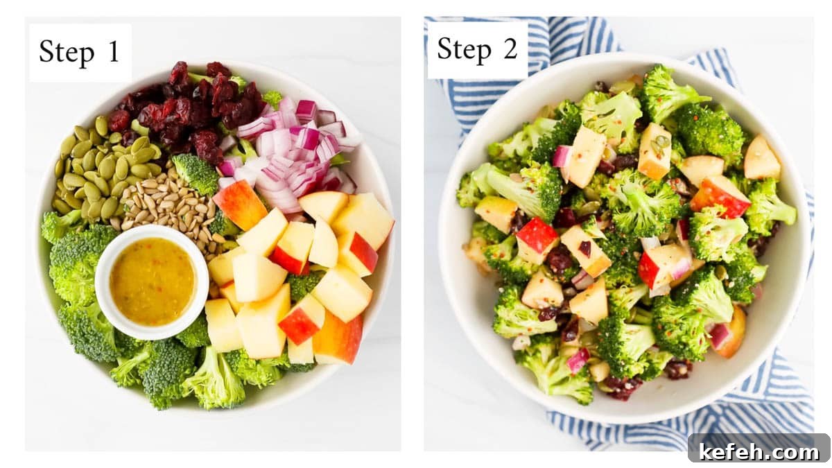 Crispy Broccoli Crunch Salad with Bacon and Sunflower Seeds 5 Two side by side images labeled step 1 and step 2. Step 1: apples, red onion, cranberries, seeds, broccoli, and dressing in a bowl separated by ingredient. Step 2: all of the ingredients from bowl one are in the same bowl but mixed together.