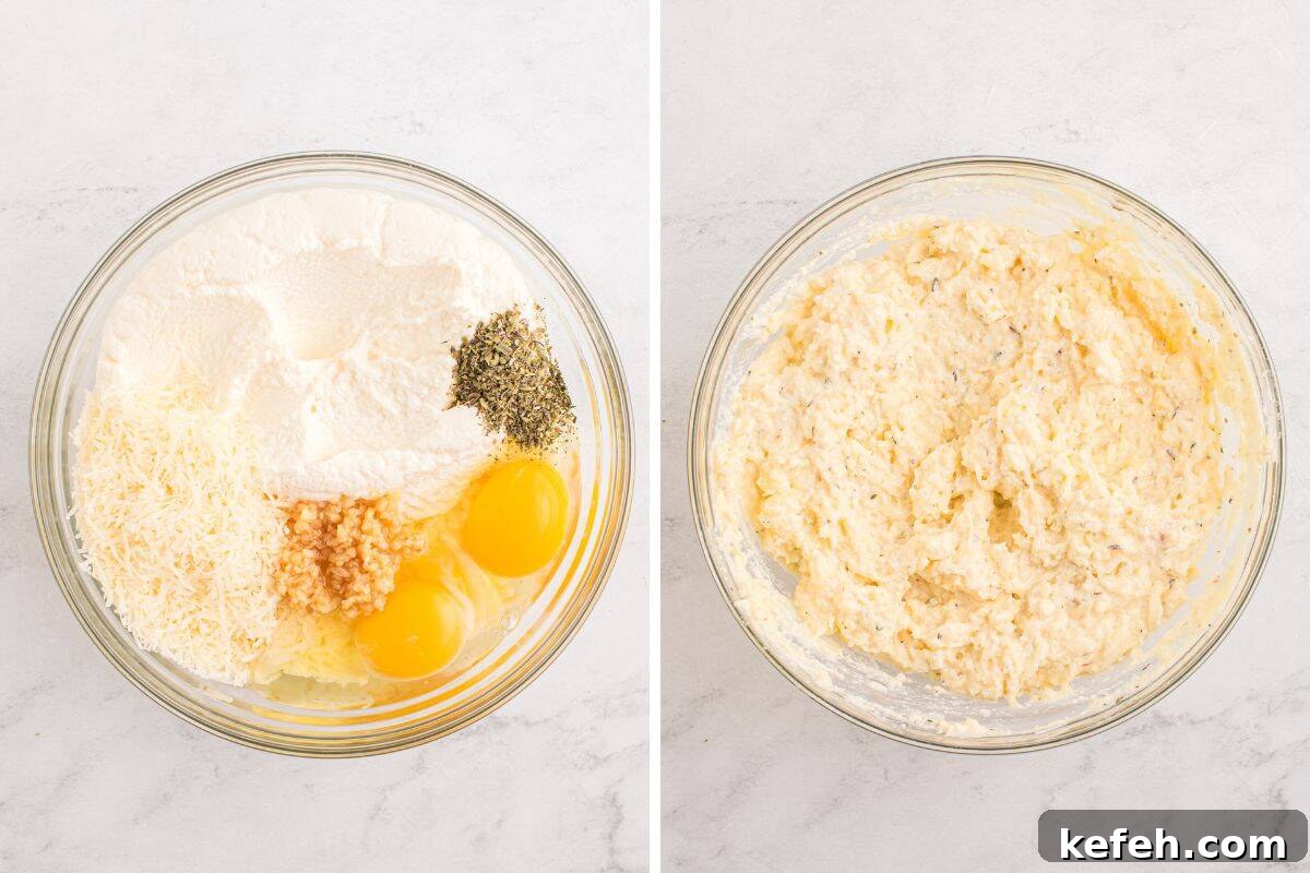 Classic Baked Manicotti with Ricotta and Marinara 5 Two images of a glass bowl. Left shows unmixed filling ingredients: ricotta, parmesan, shredded mozzarella, eggs, garlic, and Italian seasoning. Right shows the ingredients fully mixed into a smooth cheese filling.
