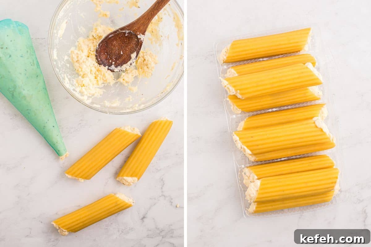 Classic Baked Manicotti with Ricotta and Marinara 6 Two side-by-side images. Left side shows a mixing bowl with cheese filling and a piping bag beside partially filled manicotti shells. Right side shows a tray of fully stuffed manicotti lined up neatly.