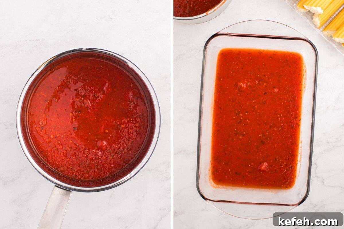 Classic Baked Manicotti with Ricotta and Marinara 7 Pasta sauce in pan and spread in bottom of glass baking dish.