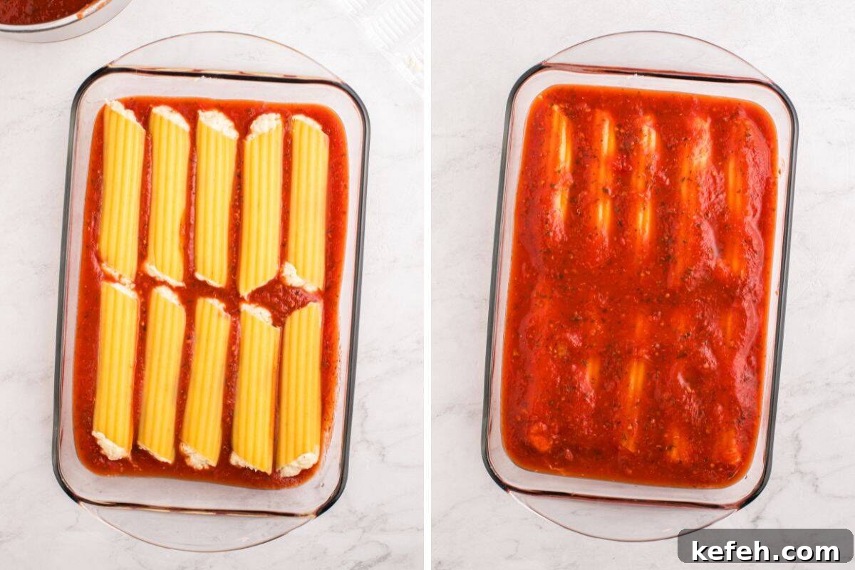 Classic Baked Manicotti with Ricotta and Marinara 8 Two images of a glass baking dish. Left shows uncooked stuffed manicotti arranged in tomato sauce. Right shows the same pasta fully covered with sauce, ready for baking.