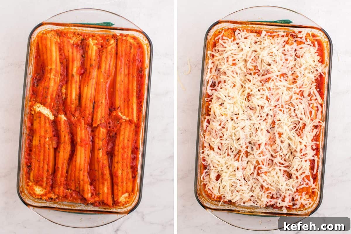 Classic Baked Manicotti with Ricotta and Marinara 9 Two side-by-side images. Left shows baked manicotti in red sauce with cheese slightly visible at the ends. Right shows the same dish topped generously with shredded mozzarella before final baking.