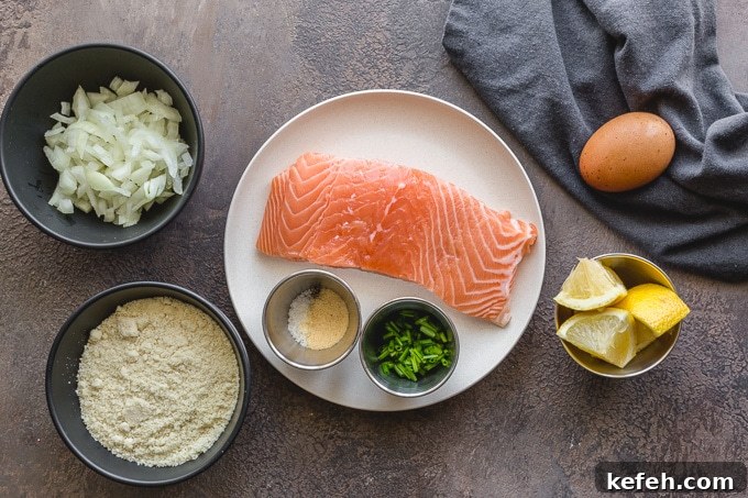 Ingredients to make fresh salmon patties with almond flour.