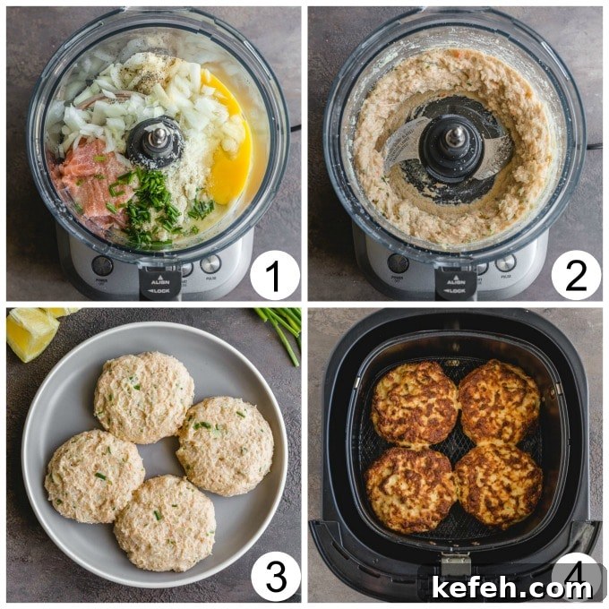 Collage of 4 images showing how the salmon cakes are made in the food processor and then in the air fryer.