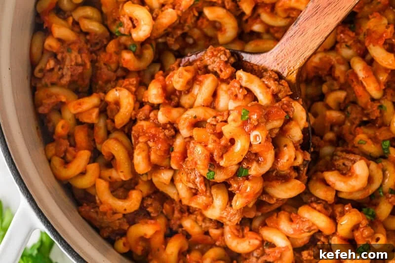 30 Ground Beef Dinner Recipes for Quick Family Meals 12 top-down view of the homemade Beefaroni.