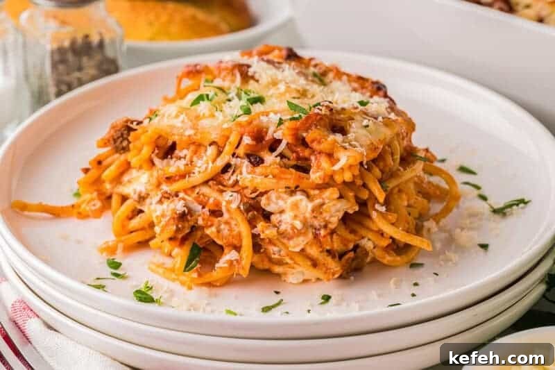 30 Ground Beef Dinner Recipes for Quick Family Meals 15 Million Dollar Spaghetti served on a white plate.