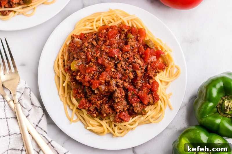 30 Ground Beef Dinner Recipes for Quick Family Meals 17 Homemade Spaghetti Sauce on a bed of spaghetti.
