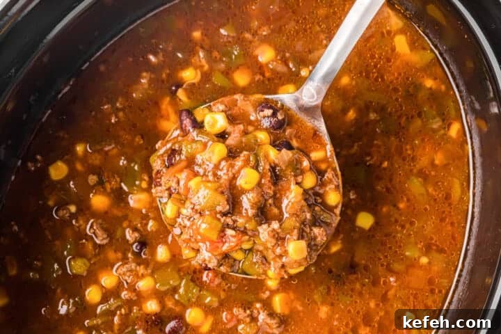 30 Ground Beef Dinner Recipes for Quick Family Meals 18 top-down view of the Slow Cooker Taco Soup.
