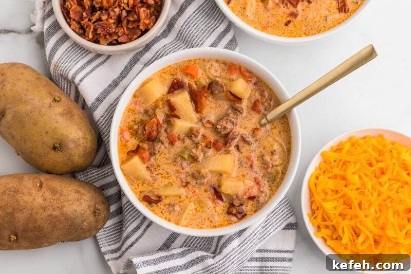 30 Ground Beef Dinner Recipes for Quick Family Meals 19 Slow Cooker Cheeseburger Soup served in a white bowl.