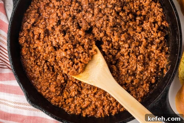 30 Ground Beef Dinner Recipes for Quick Family Meals 20 top-down view of the Sloppy Joes in the skillet.