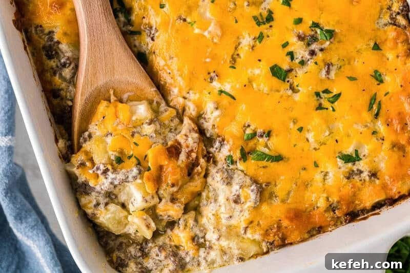 30 Ground Beef Dinner Recipes for Quick Family Meals 4 top-down view of the Hamburger Hashbrown Casserole.