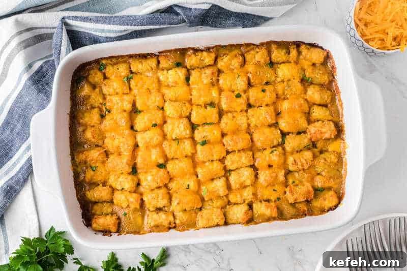 30 Ground Beef Dinner Recipes for Quick Family Meals 6 tater Tot Casserole served in a white casserole dish.