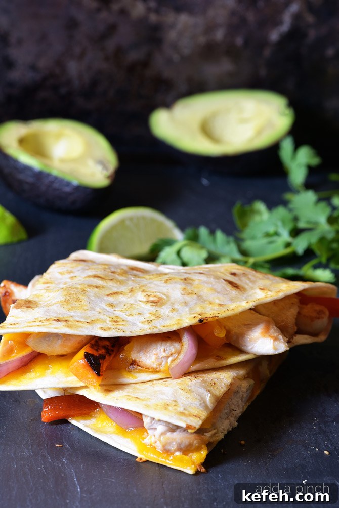Chicken Fajita Quesadilla Recipe from addapinch.com