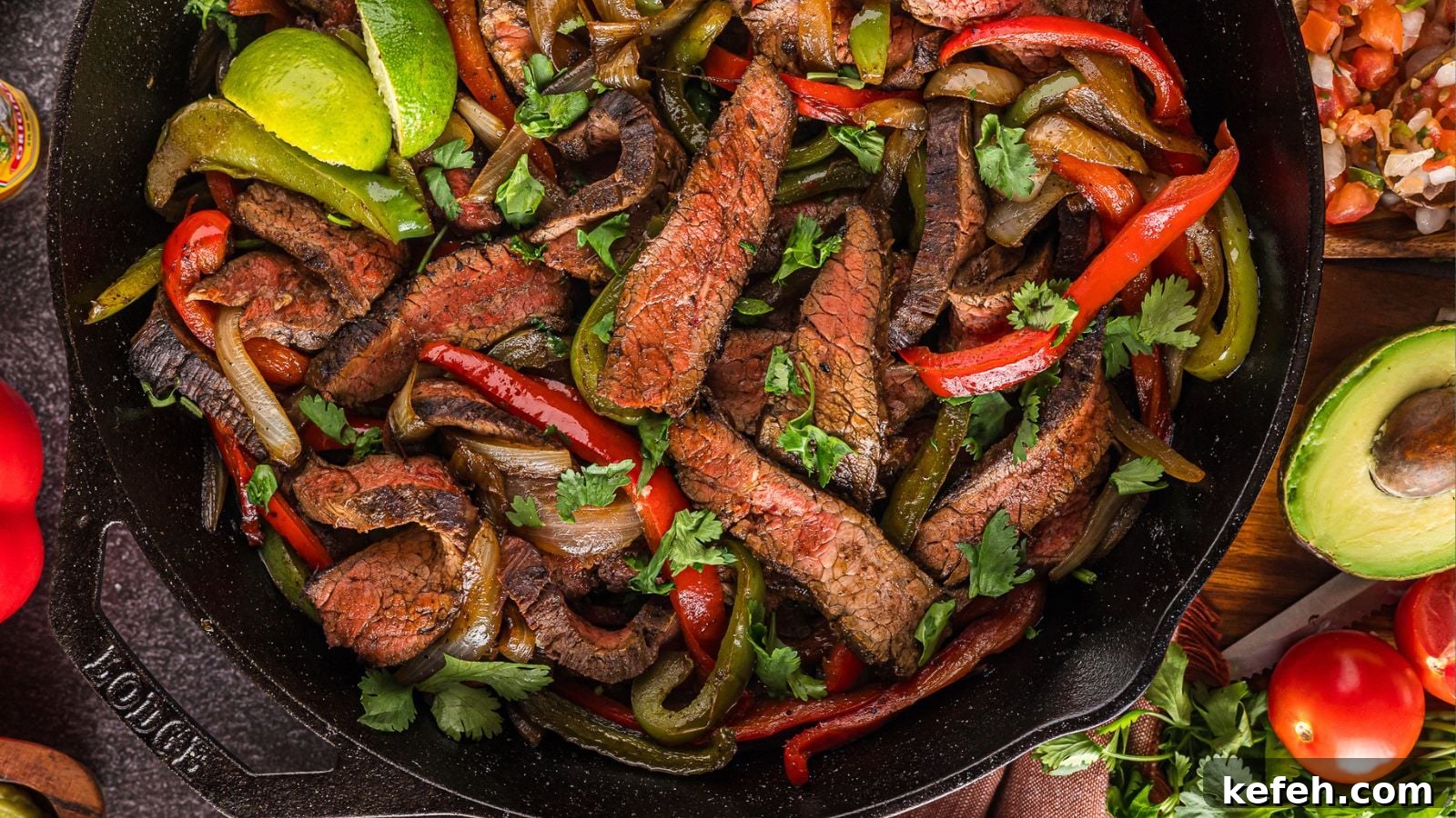17 Budget-Friendly Steak Recipes to Feed a Crowd Without Breaking the Bank 12 Sizzling sliced steak with blistered peppers and onions on a steaming fajita skillet.