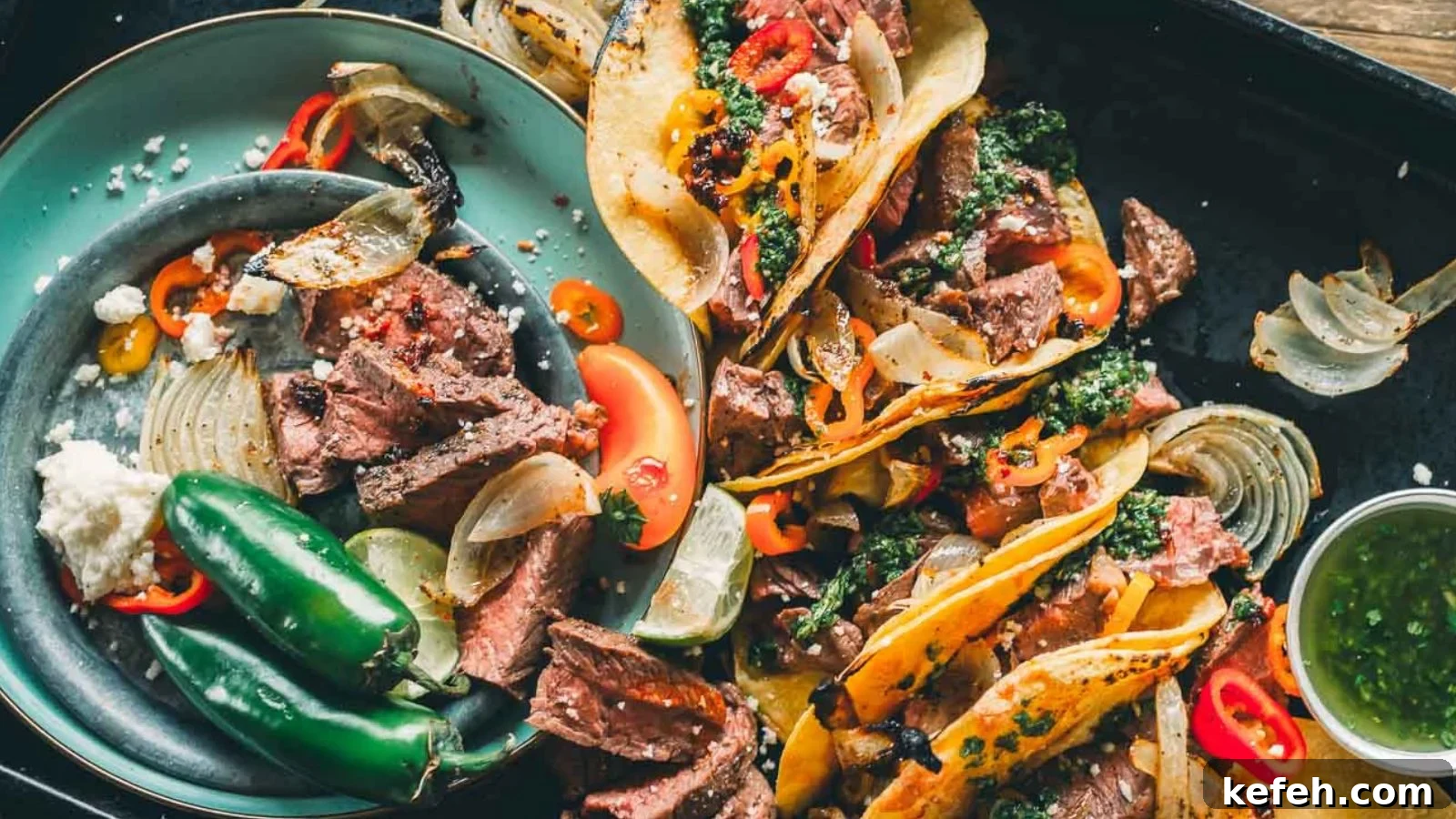 17 Budget-Friendly Steak Recipes to Feed a Crowd Without Breaking the Bank 13 Broiled hanger steak tacos topped with chimichurri, onions, and fresh cilantro on warm tortillas.